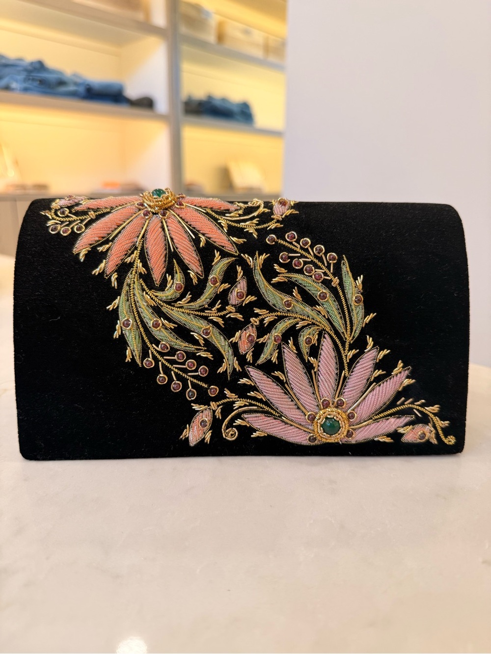 Embroidered Black Velvet Floral Clutch - Pink & Green Accents